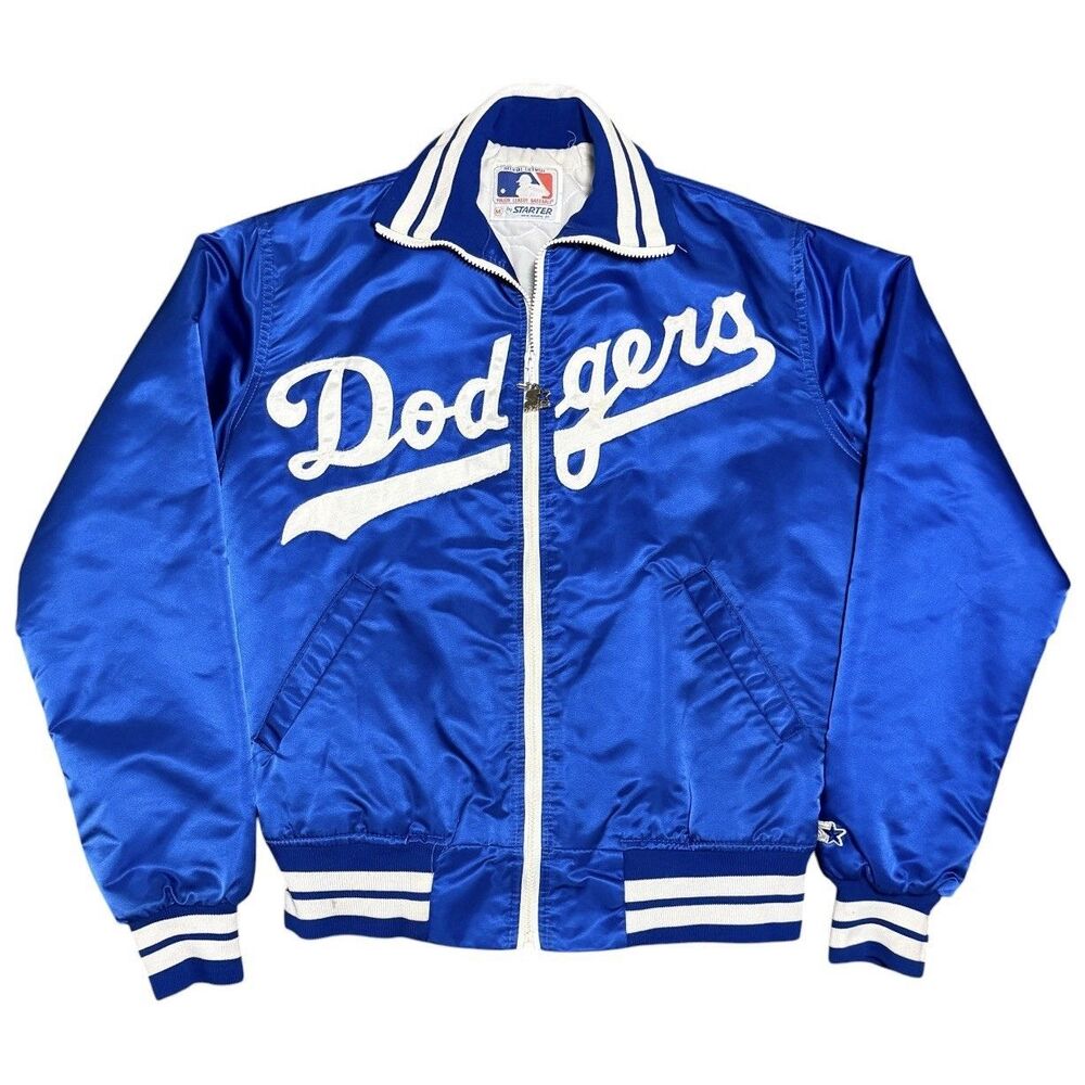 Vintage 80s Los Angeles Dodgers Starter Satin Bomber Jacket Size M Blue MLB USA